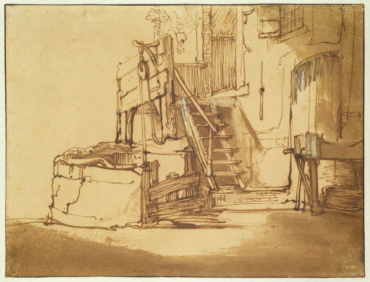 Brunnen framför bondgården (penna och brunt bläck och brunt tvätt på papper) av Rembrandt van Rijn