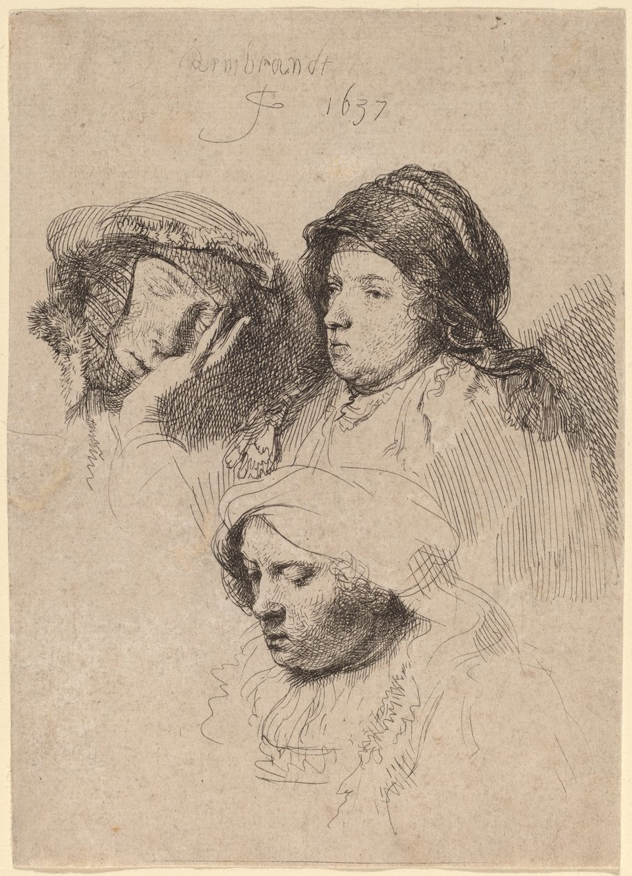 Tre huvuden av kvinnor, en sover av Rembrandt van Rijn