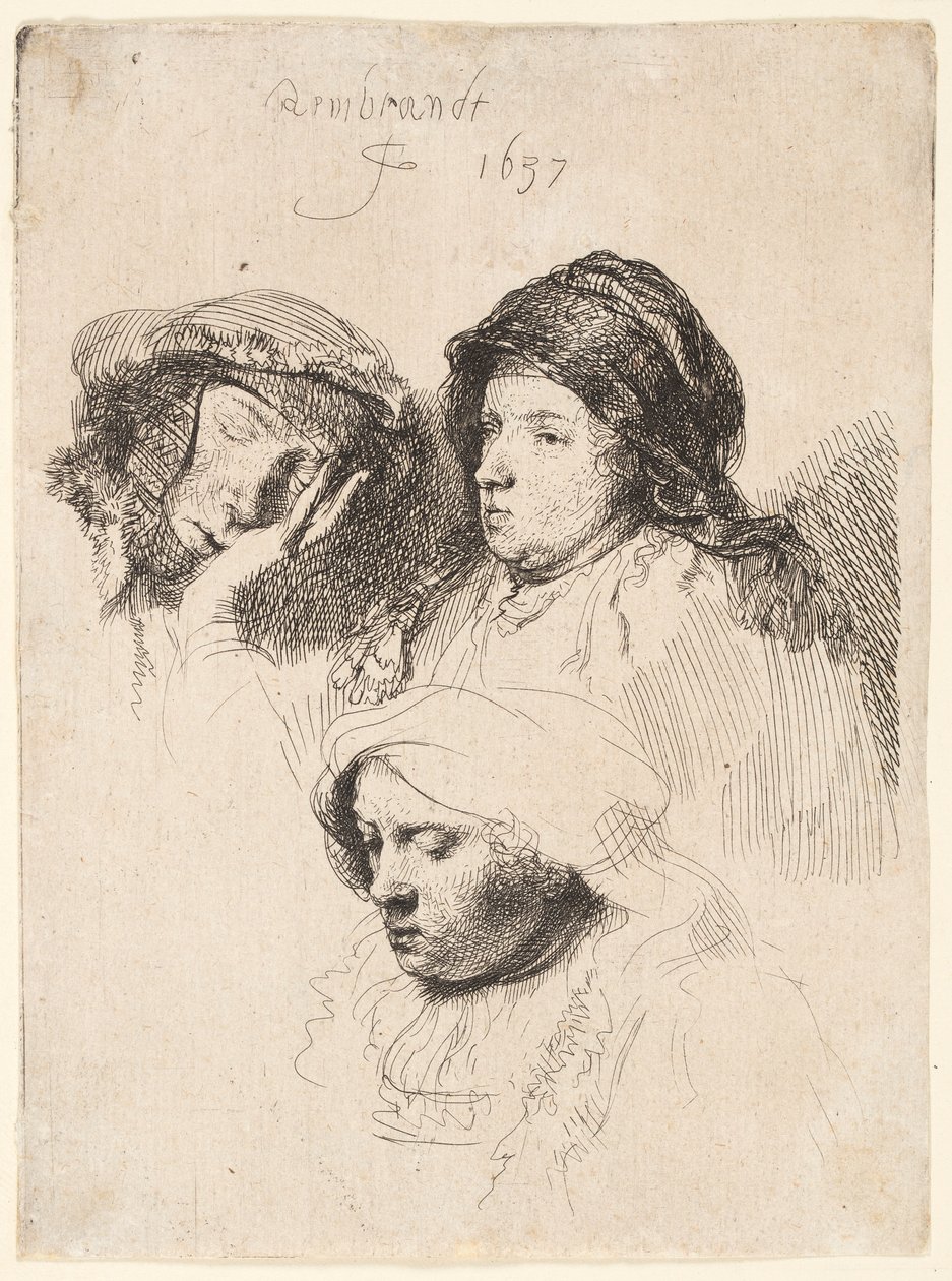 Tre huvuden av kvinnor, en sover av Rembrandt van Rijn