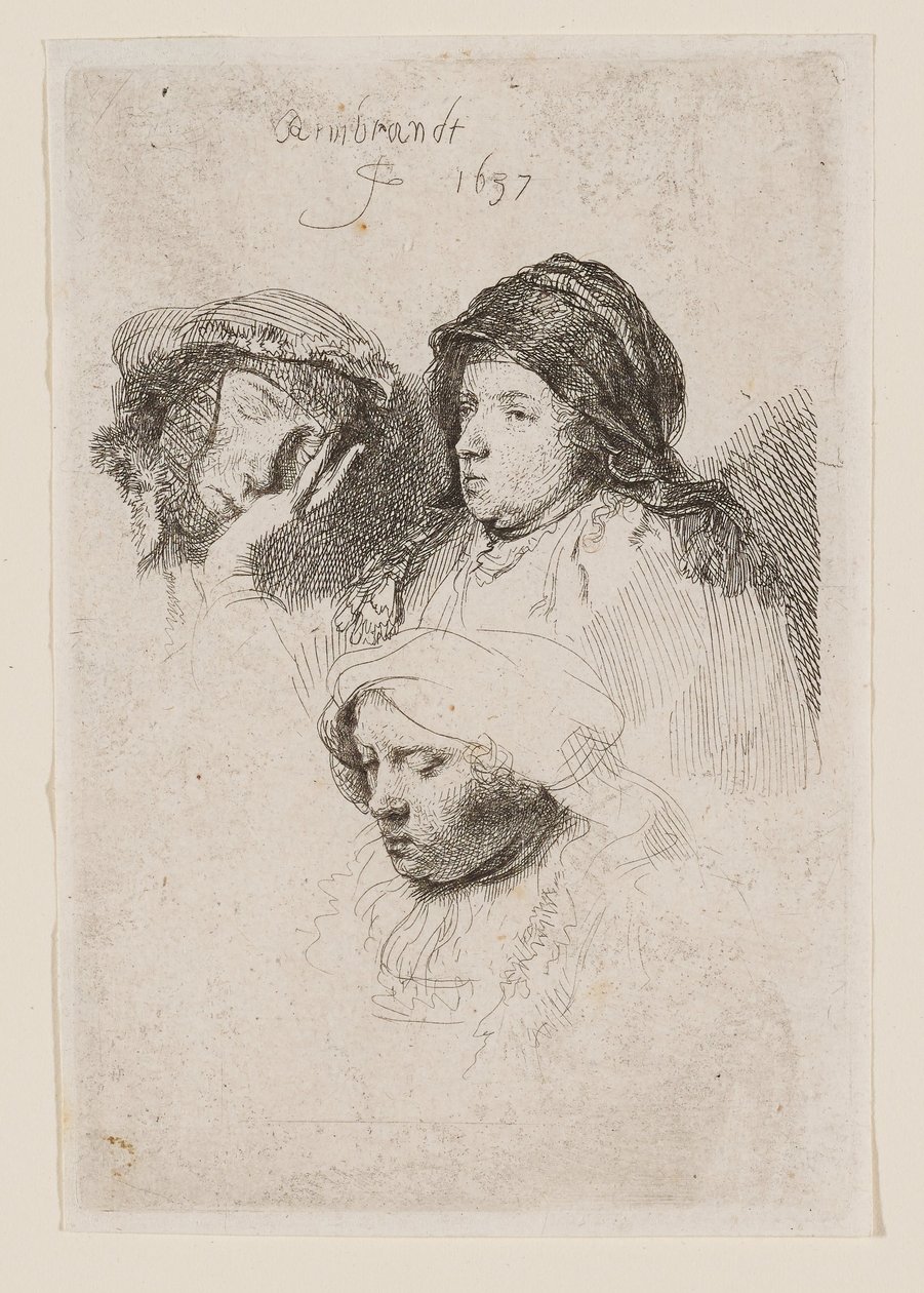 Tre kvinnliga huvuden, varav en sover av Rembrandt van Rijn