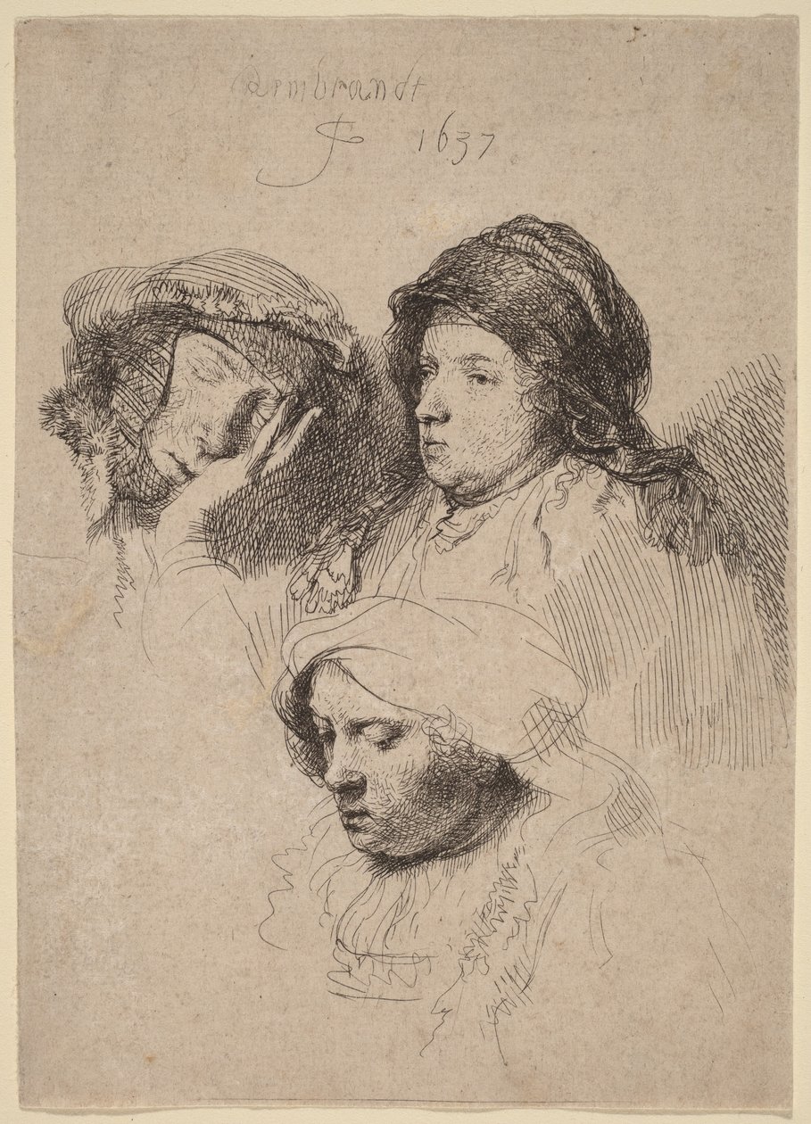 Tre kvinnliga huvuden, varav ett sover av Rembrandt van Rijn