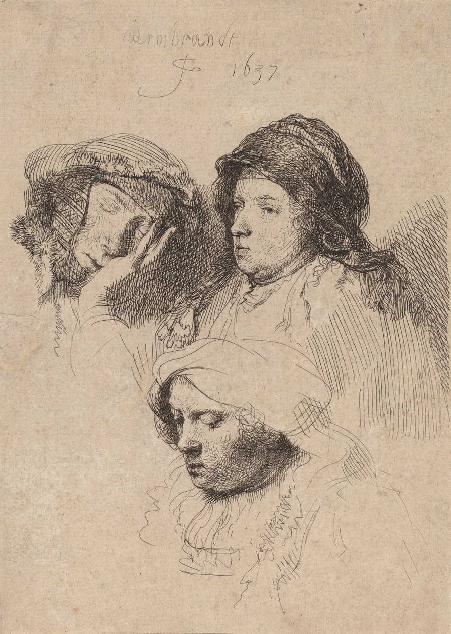 Tre kvinnors huvuden, en sovande, 1637. av Rembrandt van Rijn