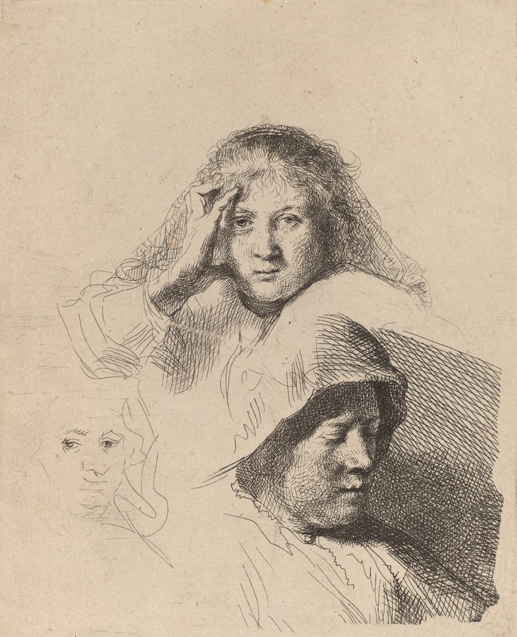 Tre huvuden av kvinnor, ett lätt etsat, ca. 1637. av Rembrandt van Rijn