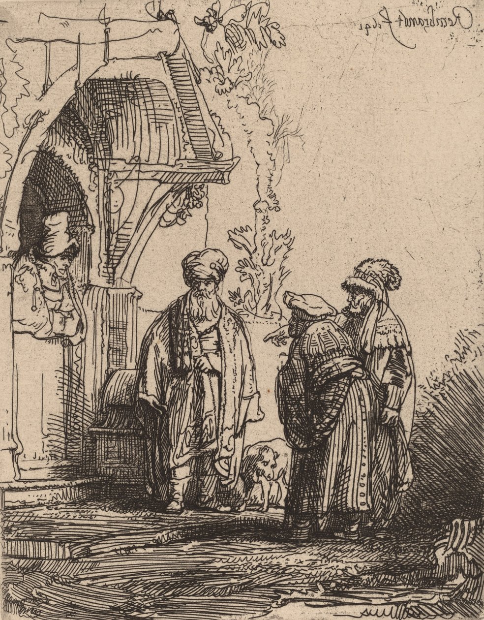 Tre orientaliska gestalter Jacob och Laban, 1641. av Rembrandt van Rijn