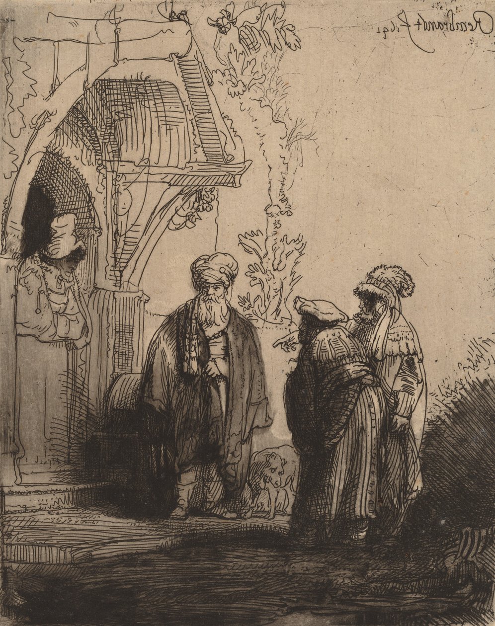 Tre orientaliska gestalter Jacob och Laban, 1641. av Rembrandt van Rijn