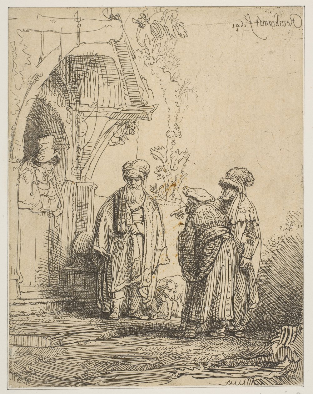 Tre orientaliska gestalter Jacob och Laban, 1641. av Rembrandt van Rijn