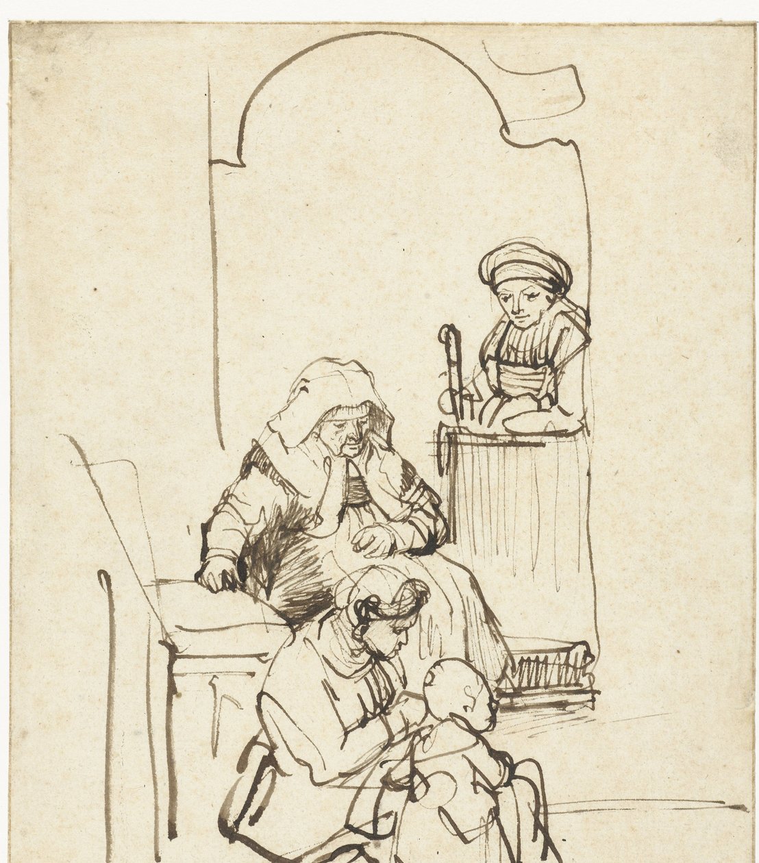 Tre kvinnor och ett barn vid en dörr av Rembrandt van Rijn