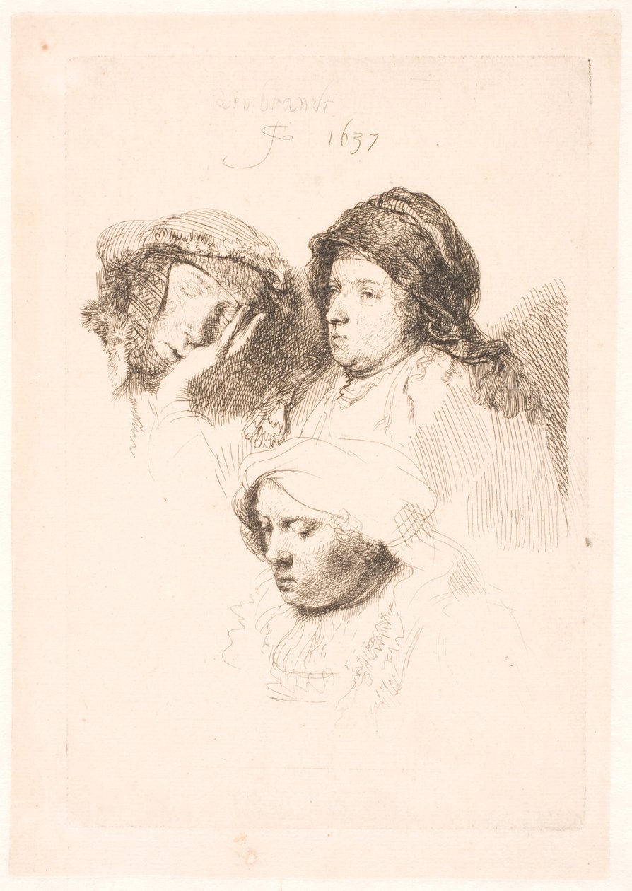 Tre huvuden av kvinnor, en sovande av Rembrandt van Rijn