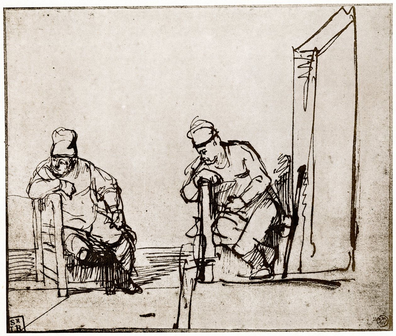 Två män som sitter vid en dörröppning, 1913. av Rembrandt van Rijn