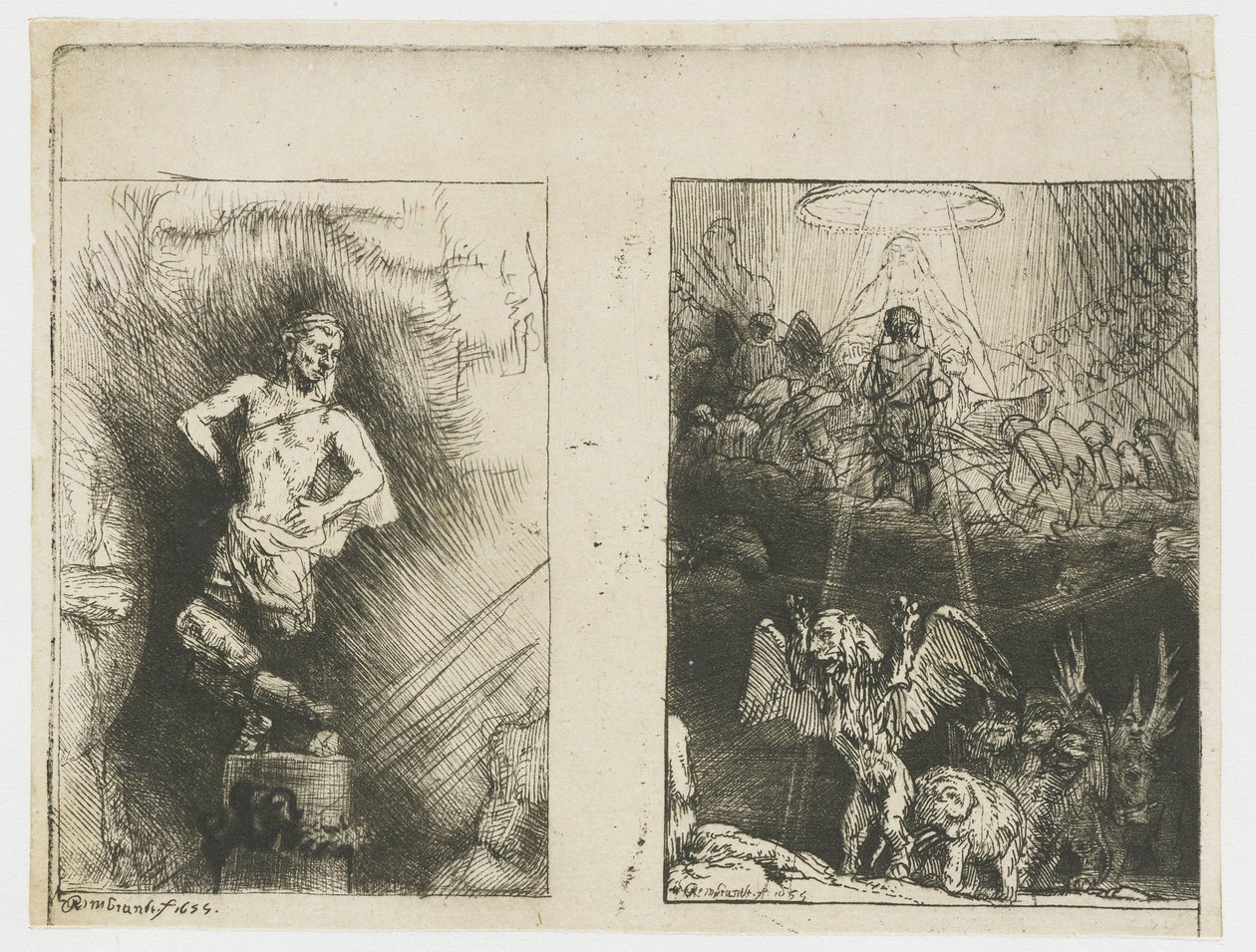 Två illustrationer till Menasseh Ben Israels "Piedra Gloriosa" Bilden sågs av Nebukadnessar Daniels vision av de fyra bestarna av Rembrandt van Rijn