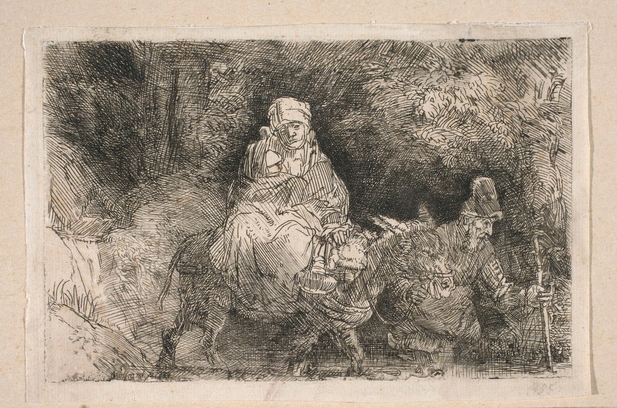 Flykten till Egypten – Den heliga familjen passerar en bäck av Rembrandt van Rijn