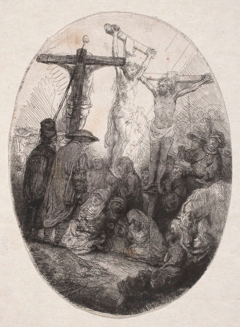 Korsfästelsen mellan två brottslingar (oval skiva) av Rembrandt van Rijn