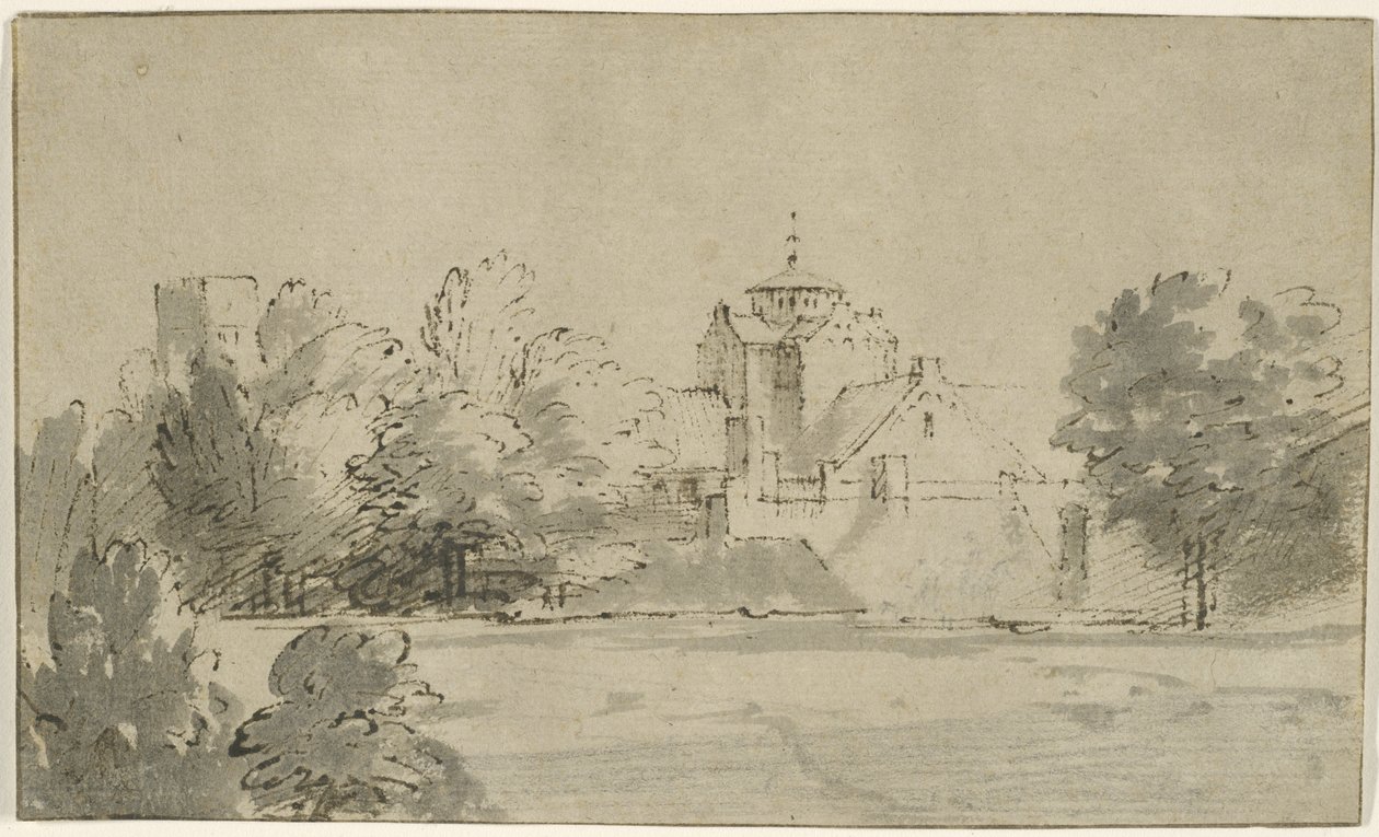 Utsikt över Mariakerk i Utrecht från söder, ca 1652 (penna och bläck med tvätt på papper) av Rembrandt van Rijn