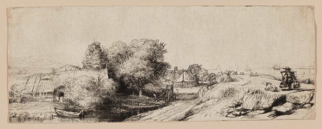Utsikt över Diemerdijk med en mjölkman och stugor av Rembrandt van Rijn