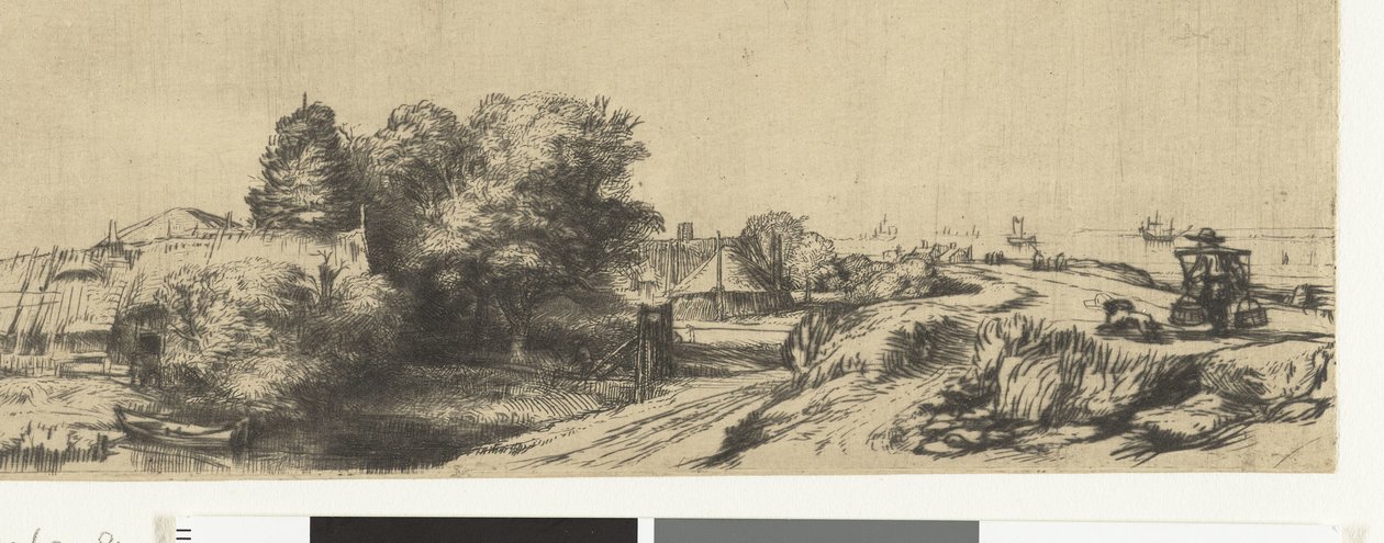 Utsikt över Diemerdijk med en mjölkman och stugor av Rembrandt van Rijn