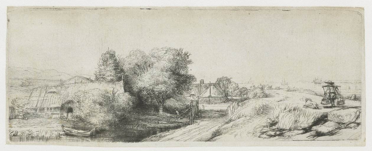 Utsikt över Diemerdijk med en mjölkbud och stugor av Rembrandt van Rijn