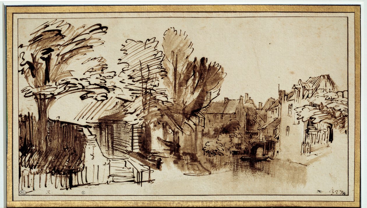 Utsikt över Singelkanalen i Amersfoort. Teckning av Harmensz Rembrandt (1606-1669) av Rembrandt van Rijn