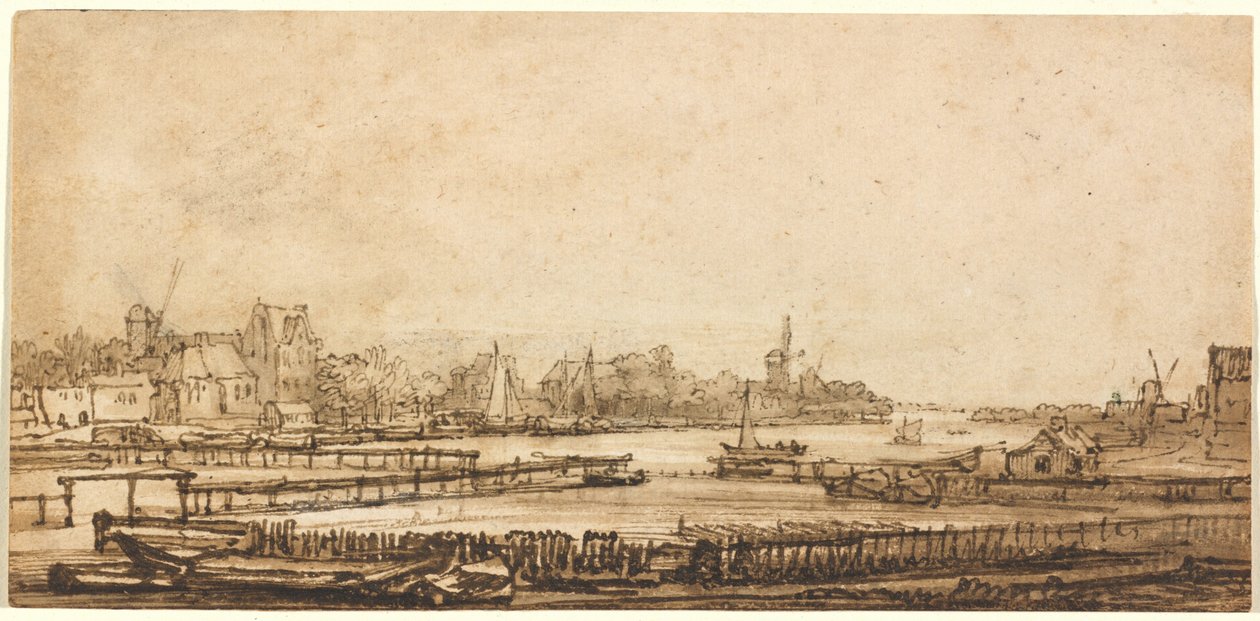 Utsikt över Amstel från Rampart av Rembrandt van Rijn