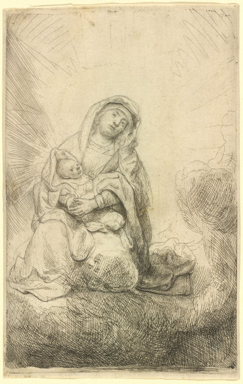 Jungfru Maria med barnet i molnen av Rembrandt van Rijn