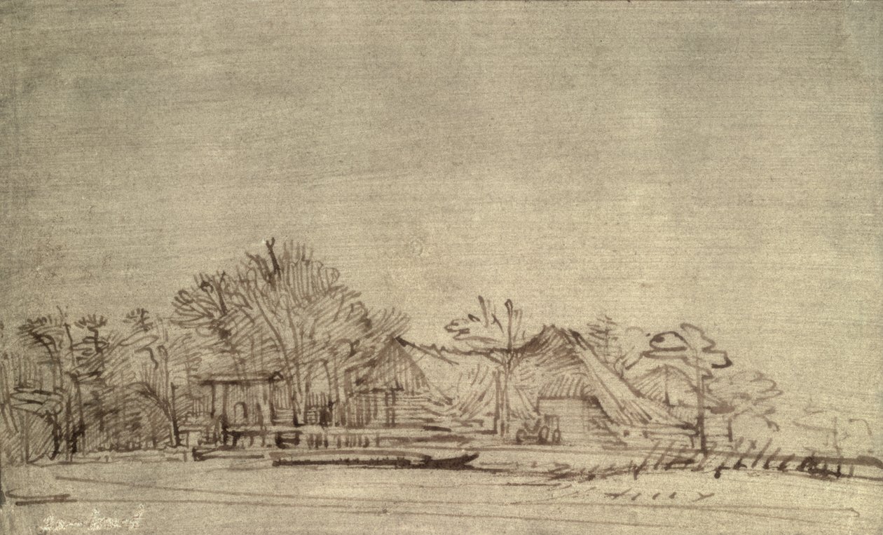 Vinterlandskap med stugor bland träd, ca 1650 (rörpenna och brunt bläck) av Rembrandt van Rijn