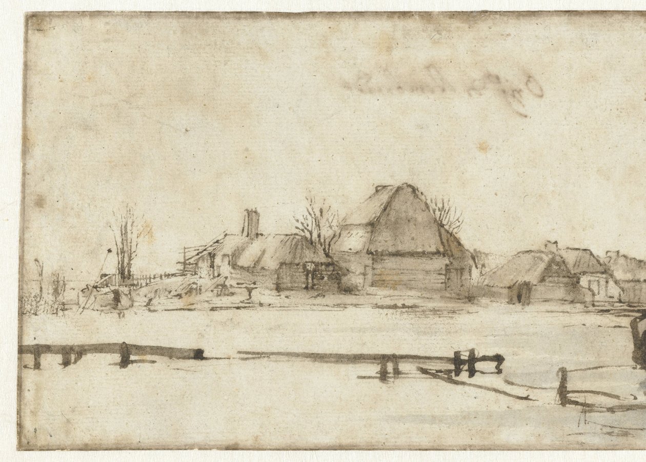 Vinterutsikt med vattenväg, stugor och två båtar av Rembrandt van Rijn