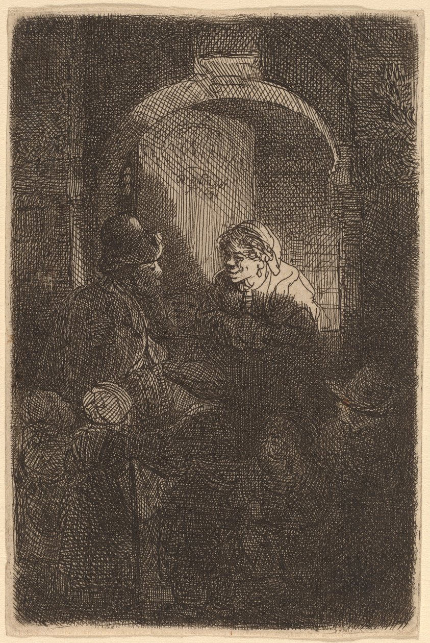 Kvinna vid en dörrlucka pratar med en man och barn (Skolmästaren) av Rembrandt van Rijn