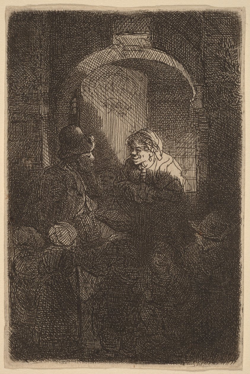 Kvinna vid en dörrlucka som pratar med en man och några barn (Skolmästaren) av Rembrandt van Rijn
