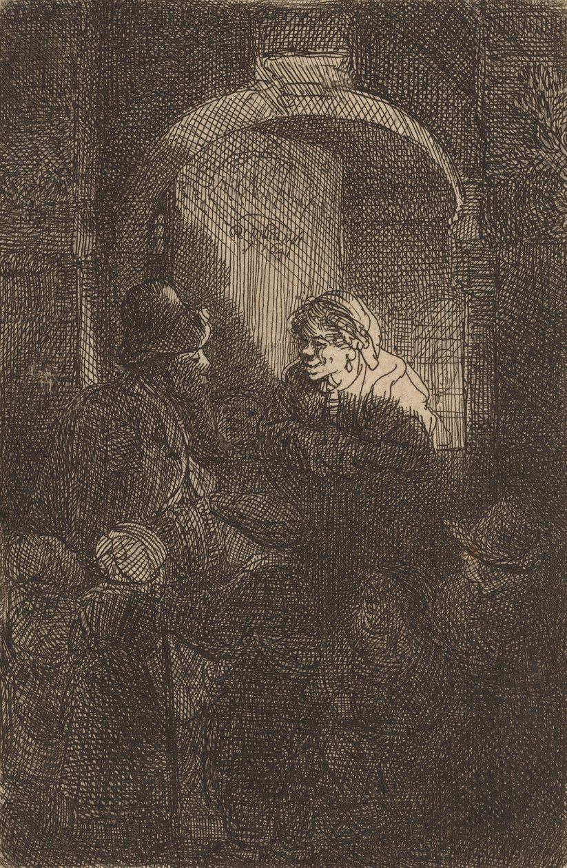 Kvinna vid en dörrlucka talar med en man och barn Skolmästaren, 1641. av Rembrandt van Rijn