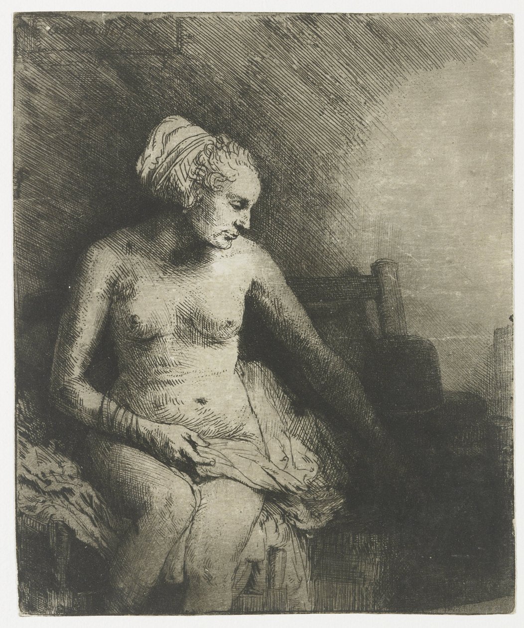 Kvinna vid badet, med en hatt bredvid sig Kvinna vid badet med en hatt bredvid sig av Rembrandt van Rijn