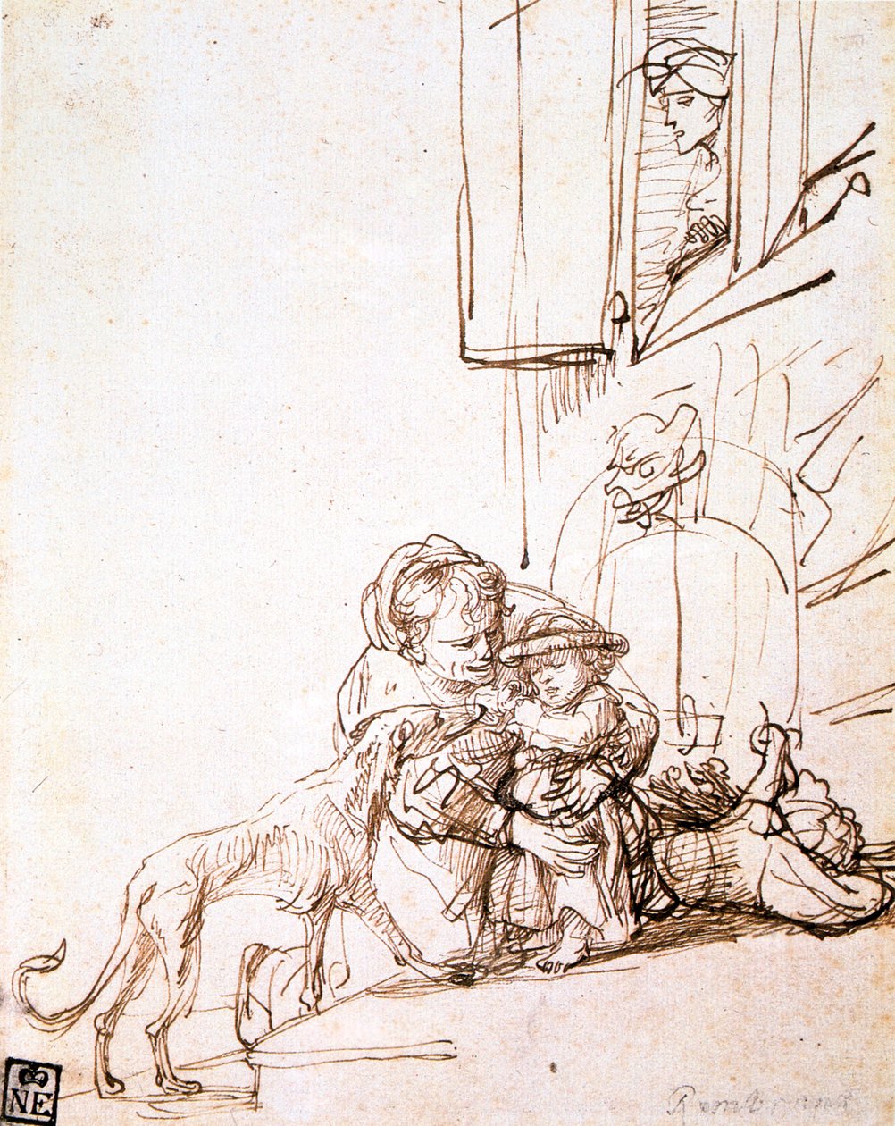 Kvinna med ett barn rädd för en hund, 1600-talet av Rembrandt van Rijn