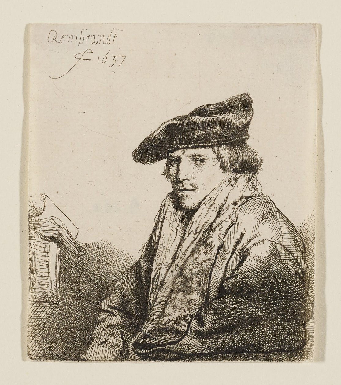 Ung man i en sammetmössa med böcker bredvid sig av Rembrandt van Rijn