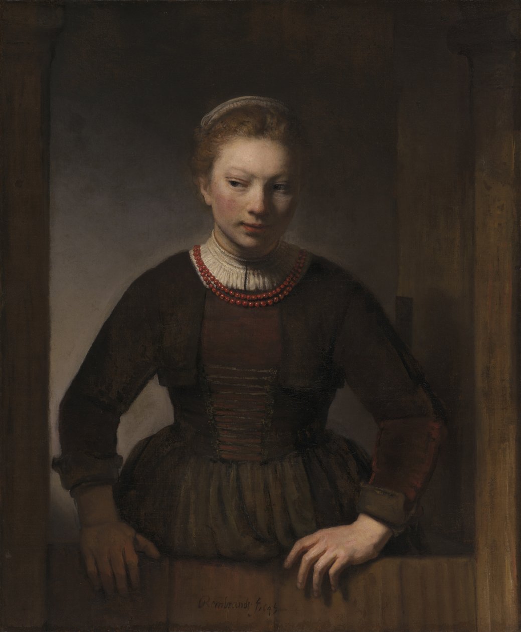 Ung kvinna vid en öppen halvdörr, 1645 av Rembrandt van Rijn