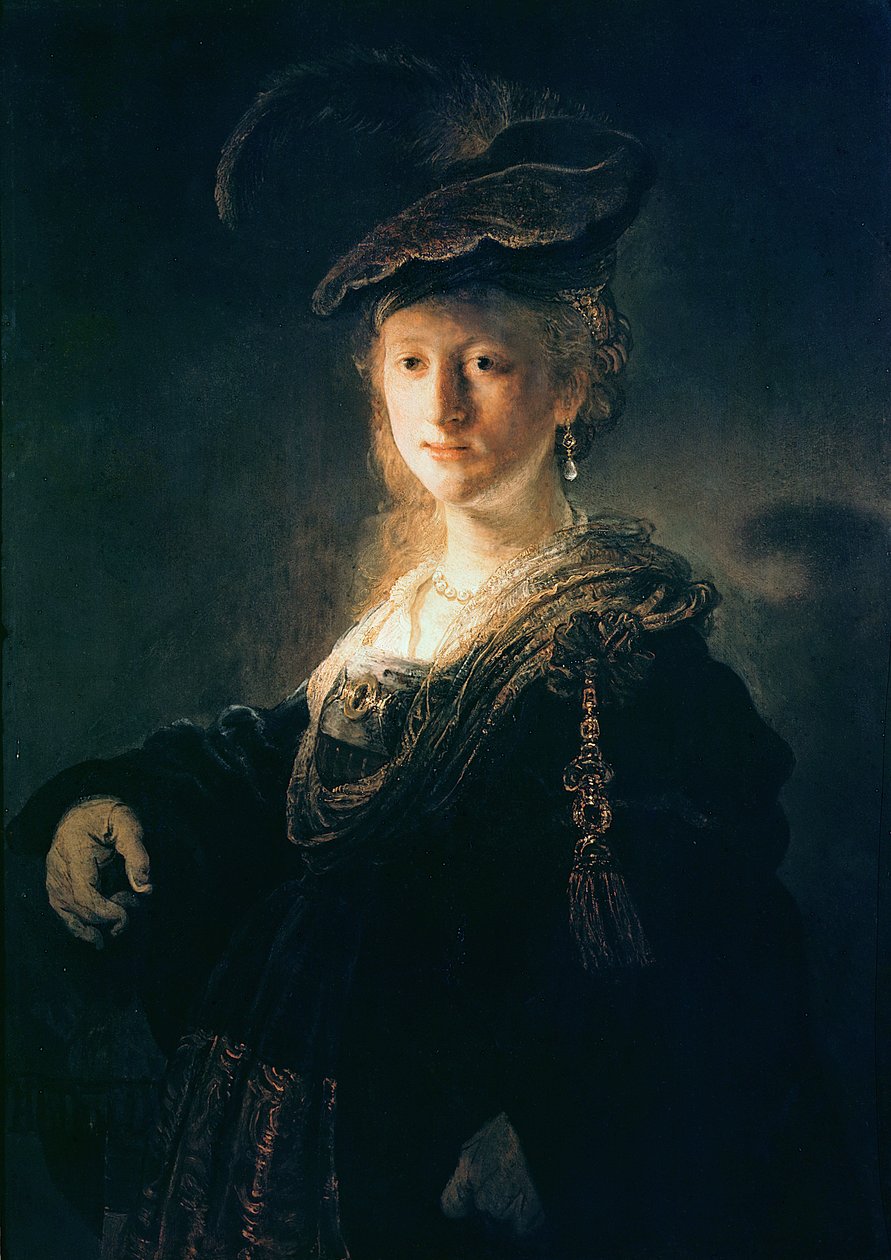 Ung kvinna i maskeradkläder av Rembrandt van Rijn