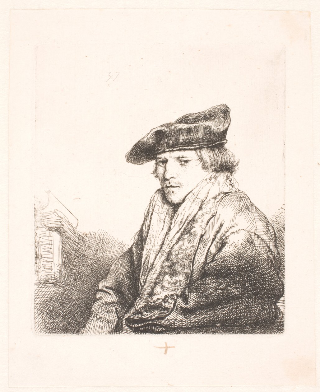 Ung man i sammetsmössa med böcker bredvid sig av Rembrandt van Rijn