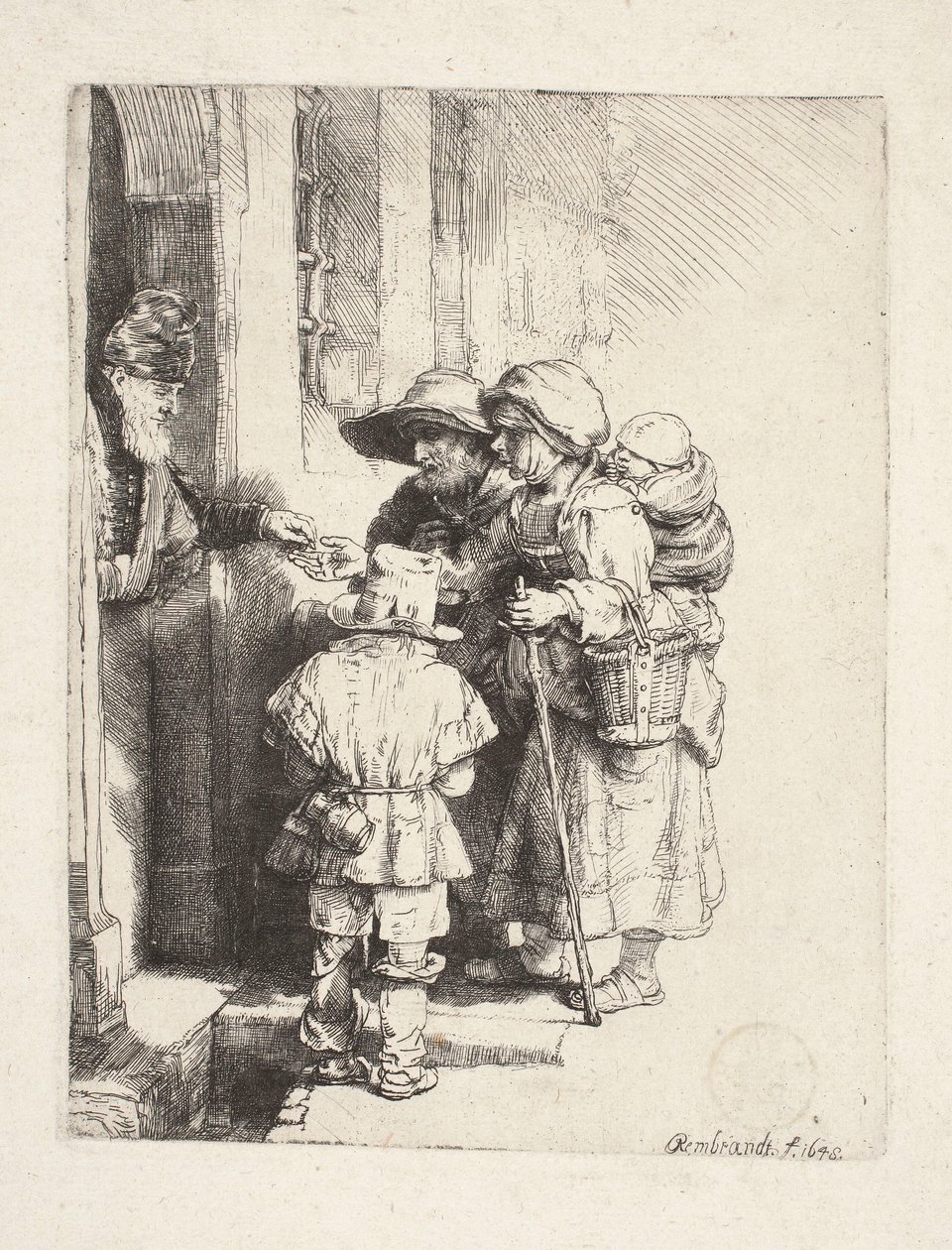 Tiggare som tar emot allmosor i dörren av Rembrandt van Rijn