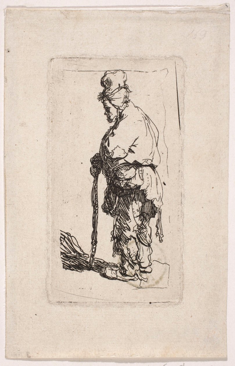En tiggare som stöder sig på en käpp, vänd åt vänster av Rembrandt van Rijn