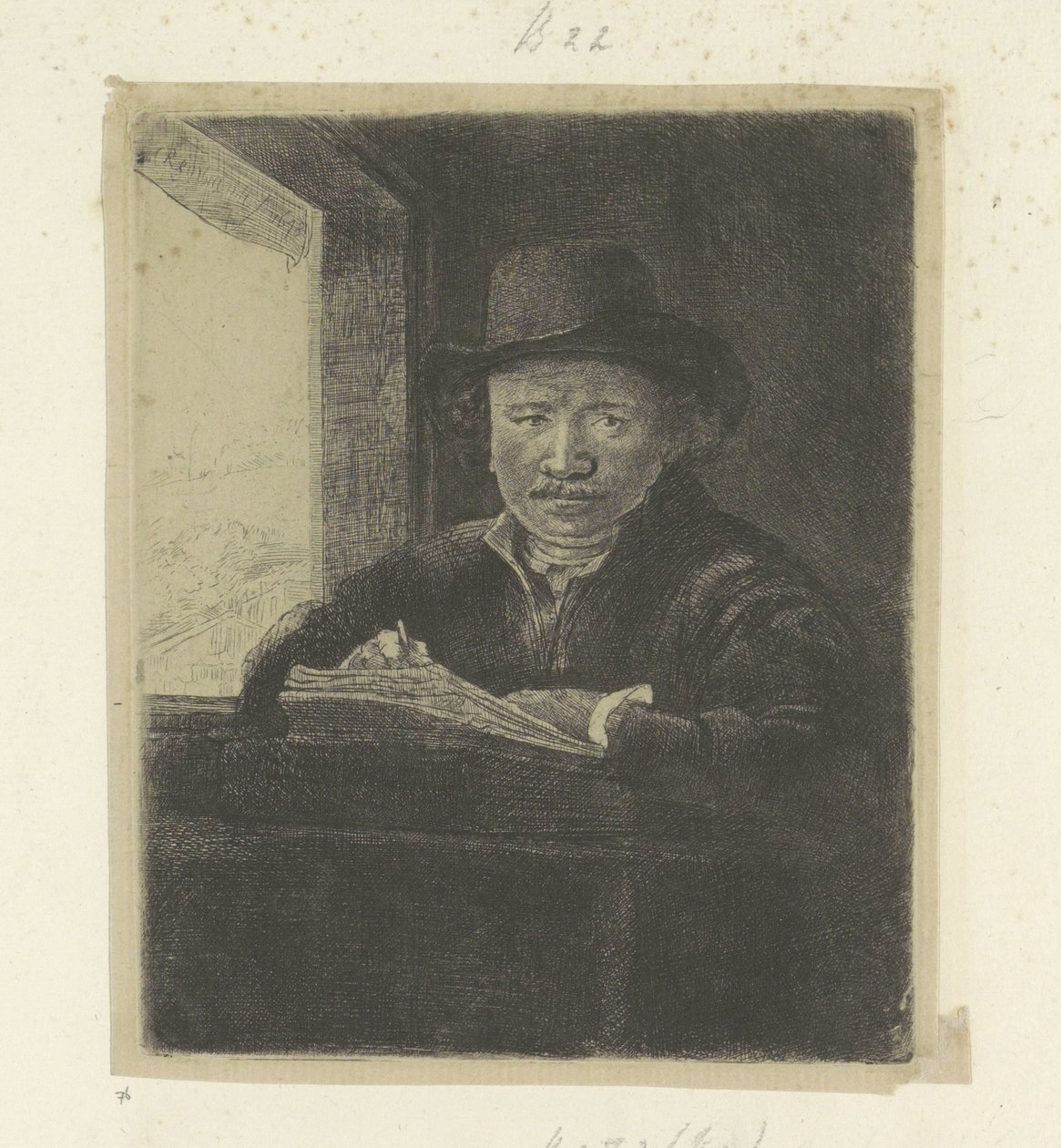 Självporträtt, teckning vid ett fönster Recueil de quatre-vingt-cinq estampes originales (serietitel) av Rembrandt van Rijn