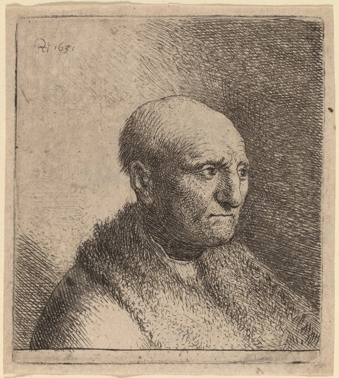 Skallig man i en pälsmantel av Rembrandt van Rijn and Studio of Rembrandt