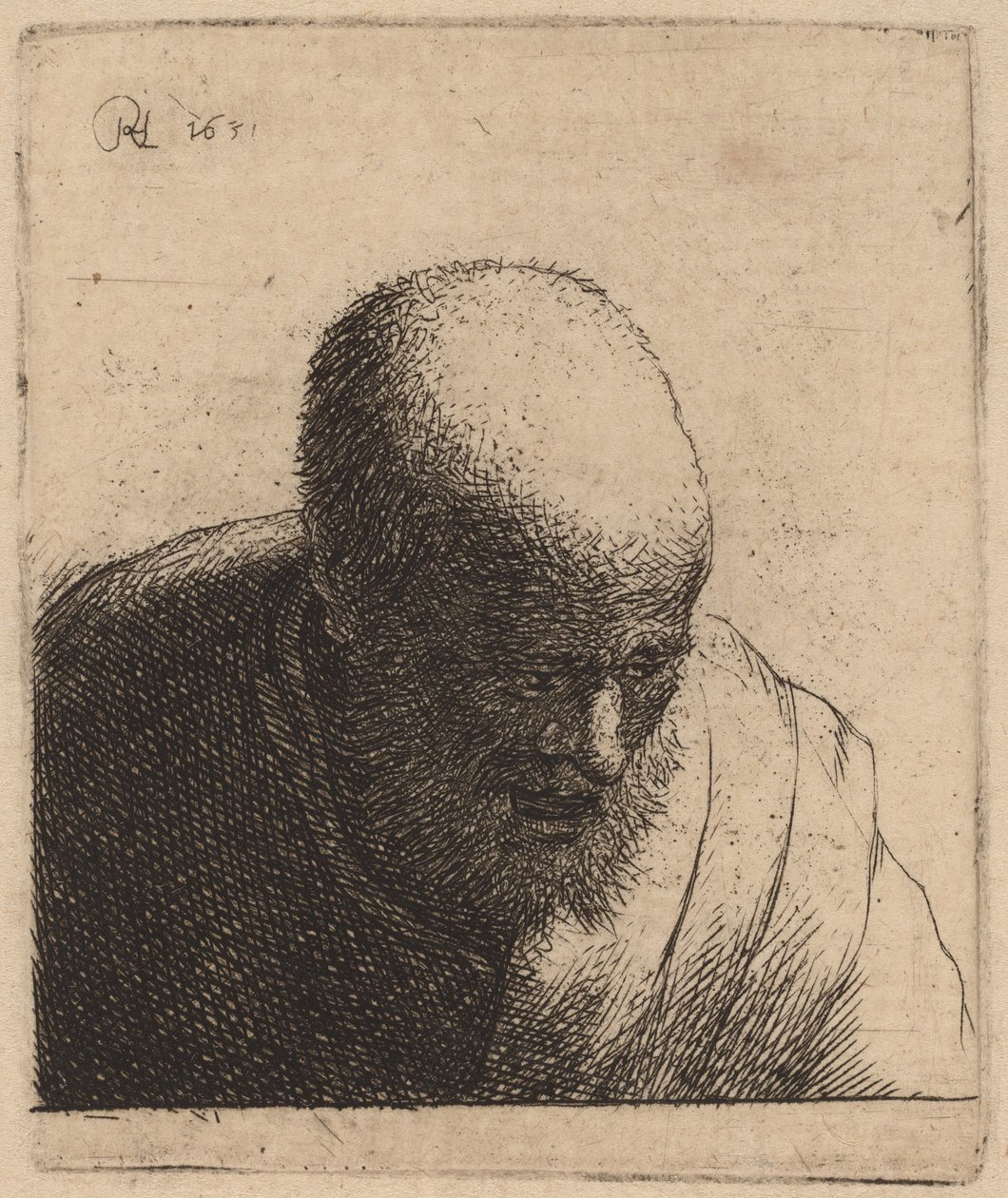 Skallig man med öppen mun, tittar ner av Rembrandt van Rijn and Studio of Rembrandt