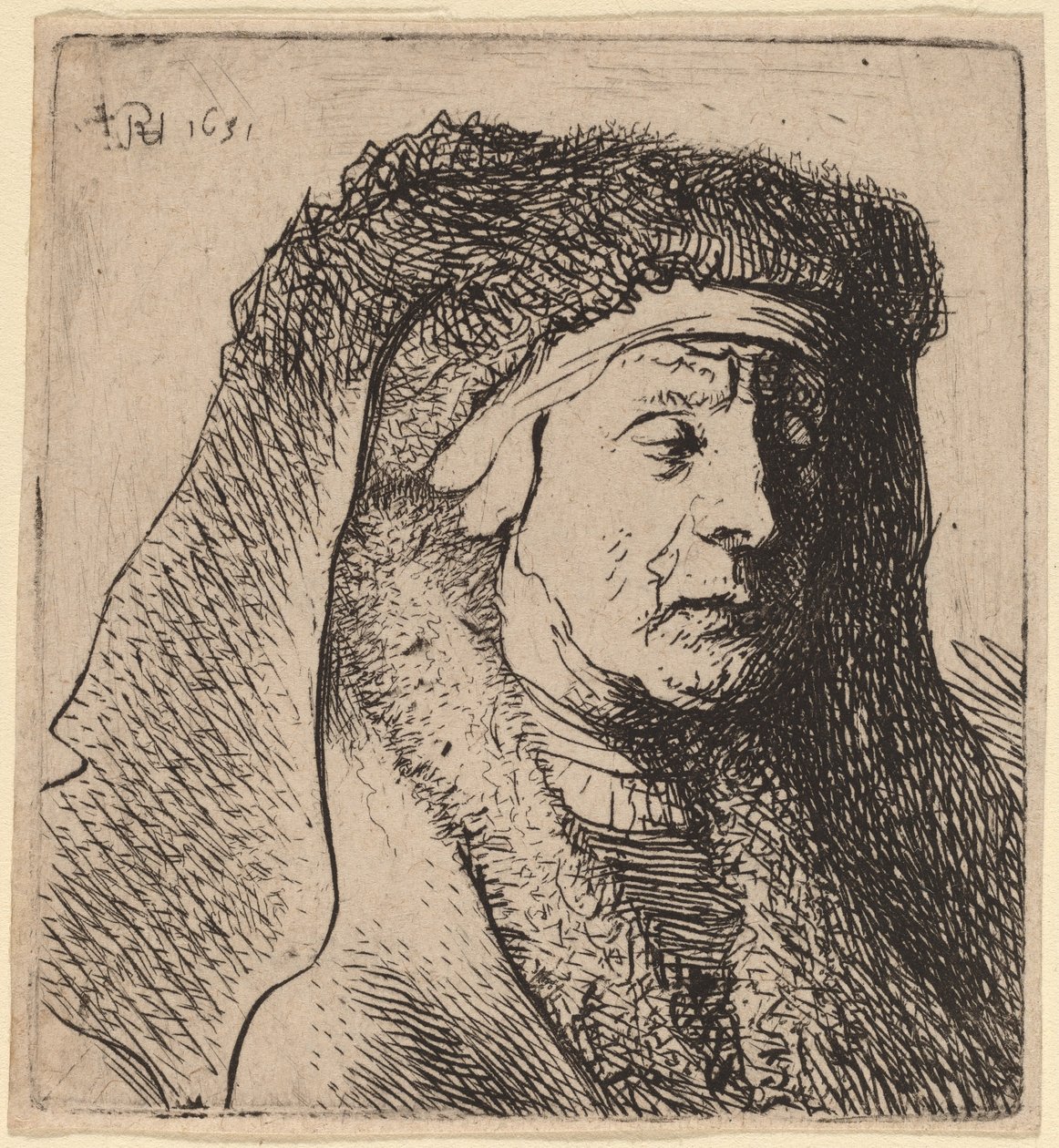 Byst av en gammal kvinna i en pälsförsedd kappa och kraftig huvudbonad av Rembrandt van Rijn and Studio of Rembrandt