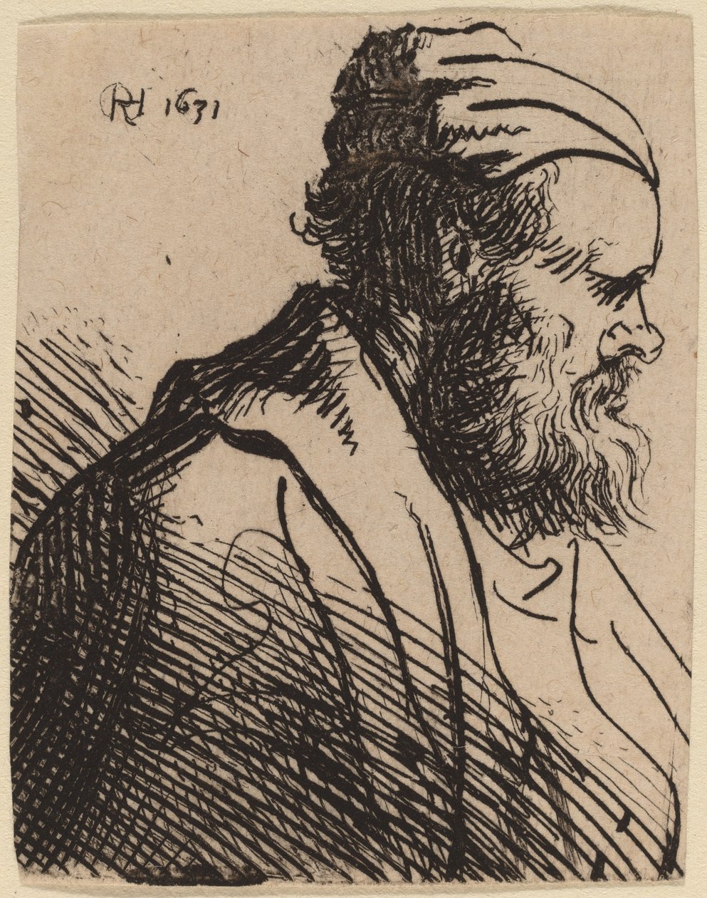 Snub-nosed man i en mössa av Rembrandt van Rijn and Studio of Rembrandt