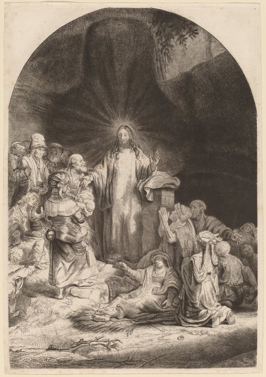 Kristus predikar och helande (fragment från trycket med hundra gulden) av Rembrandt van Rijn and William Baillie