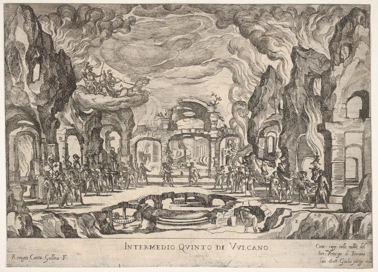 Femte mellanspelet: Vulcan Intermedio quinto di Volcano, från serien Seven Interludes..., 1608. av Remigio Cantagallina