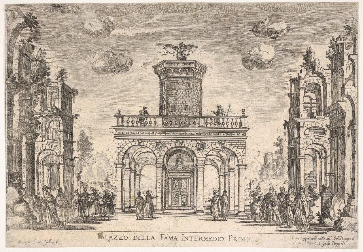 Första mellanspel: palace of fame Mellan sjätte: palace of fame, från seriens S ..., 1608. av Remigio Cantagallina
