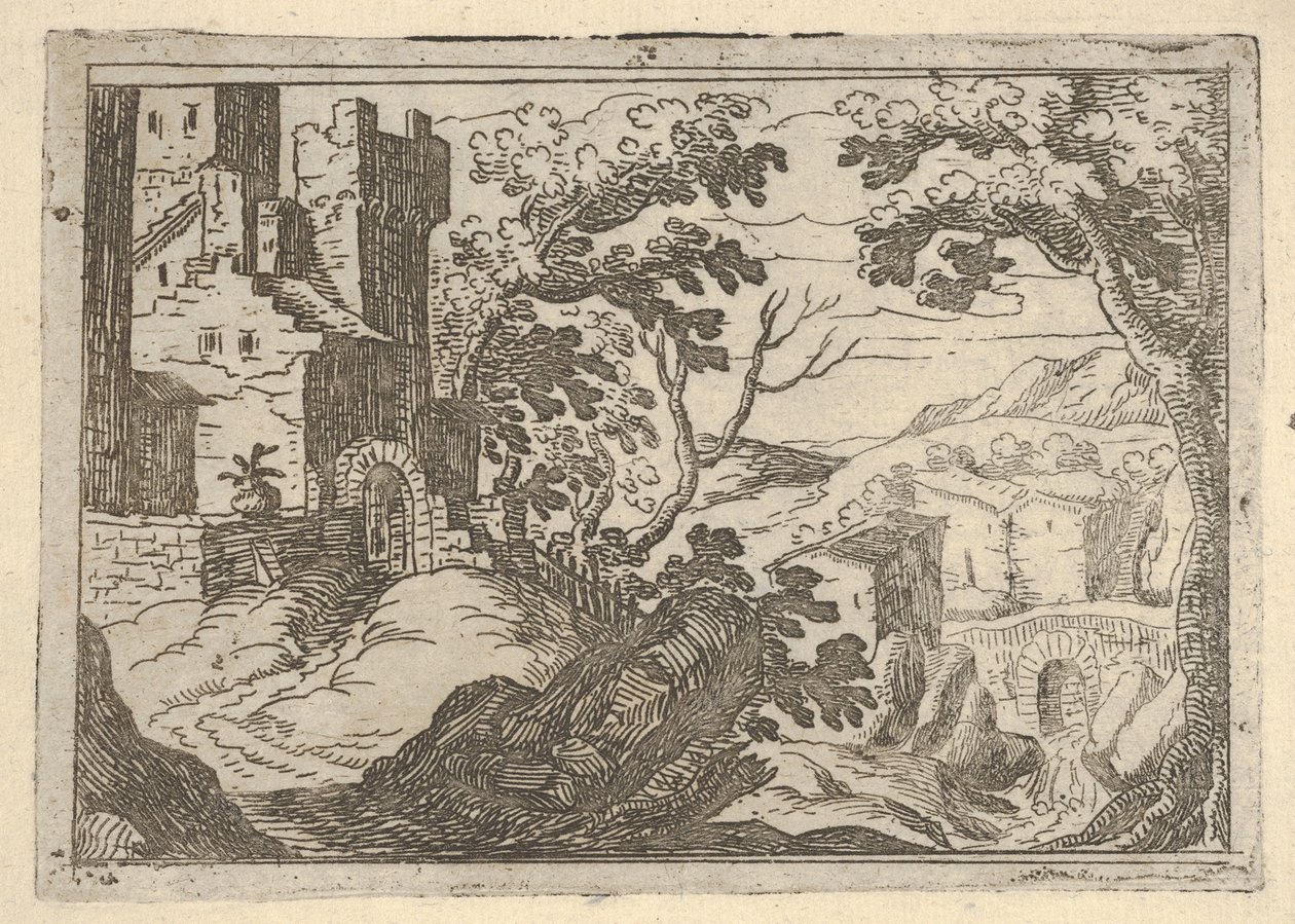 Landskap med byggnader till vänster och en bro till höger nedanför, ca. 1620-50. av Remigio Cantagallina