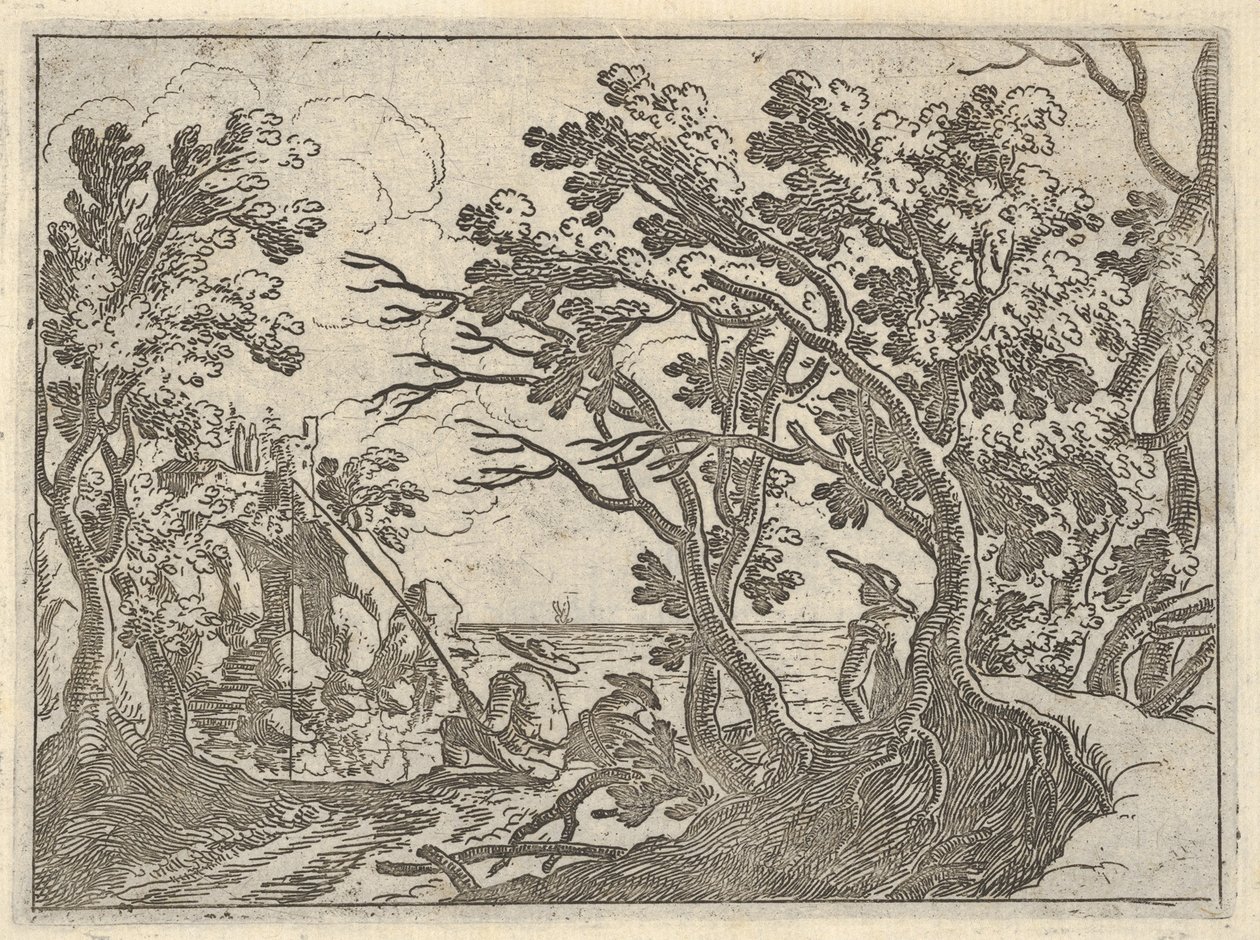 Landskap med landfiskare och manlig åskådare under träd, en man i en båtbåge..., ca. 1620-50. av Remigio Cantagallina