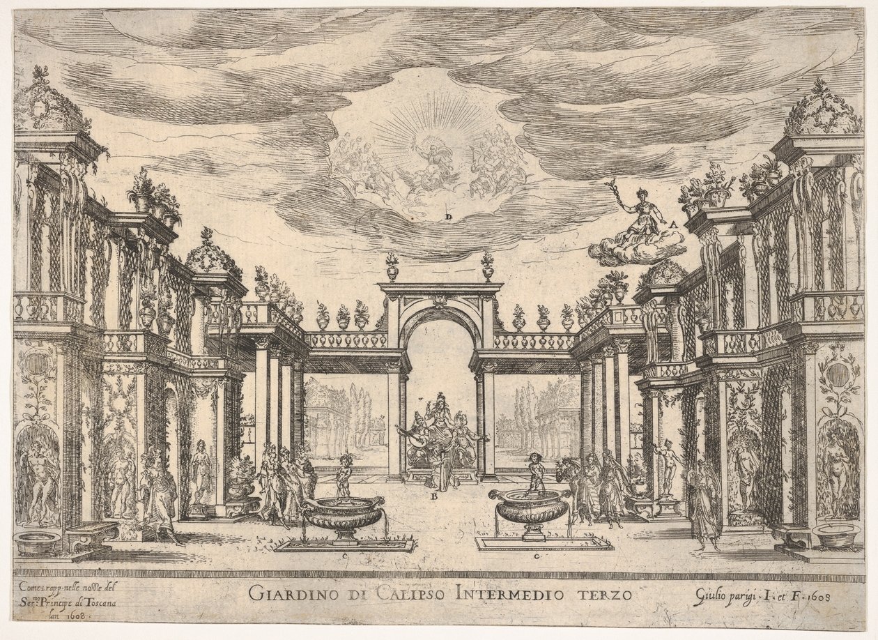 Sjätte mellanspelet: Calypsos trädgård. Mellanliggande sjätte: Calypsos trädgård, från serien ..., 1608. av Remigio Cantagallina