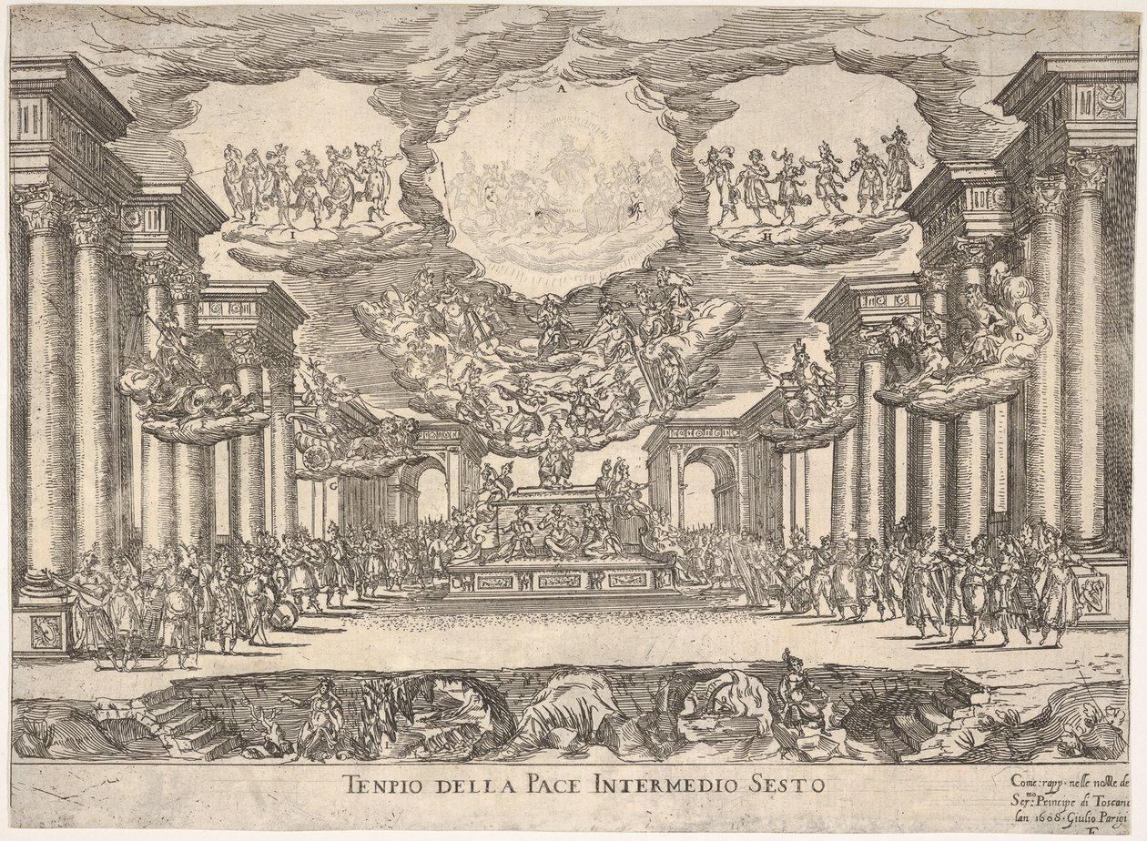 Sjätte mellanspelet: fredens tempel Intermedio sesto: tempio della pace, från serien S..., 1608. av Remigio Cantagallina