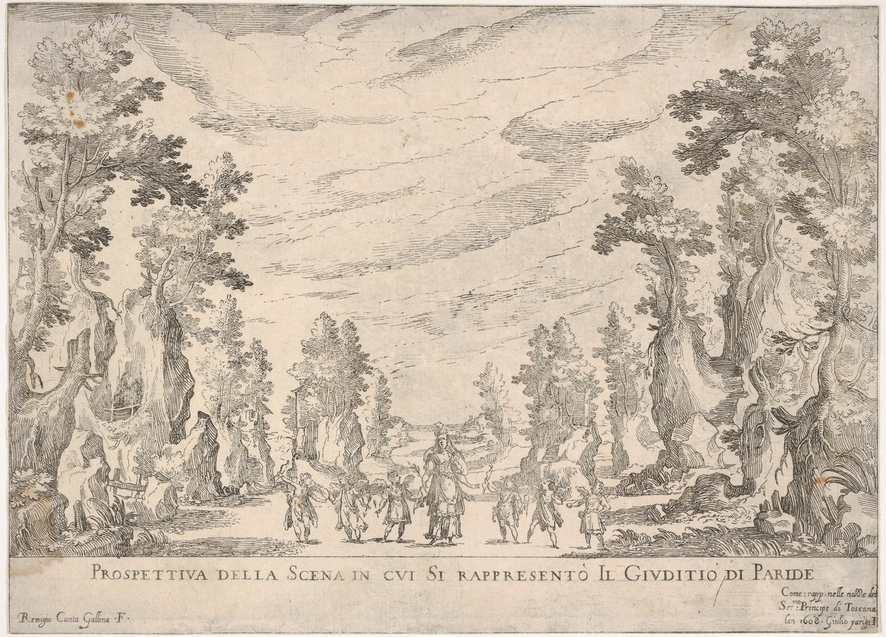 Utsikt över scenen där domen i Paris representeras Prospettiva della scena i..., 1608. av Remigio Cantagallina