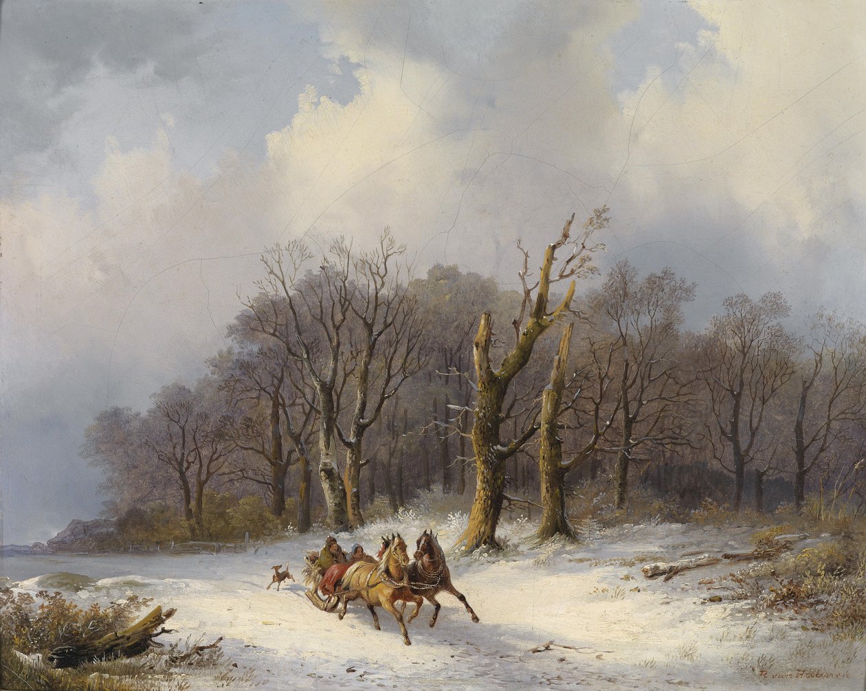 Winterlandschaft mit Pferdeschlitten im Vordergrund av Remigius Adrianus Haanen